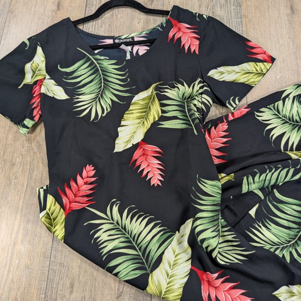 Y2K Puanani Dress Womens Small Black Floral Print Short Sleeve Midi Hawaiian USA